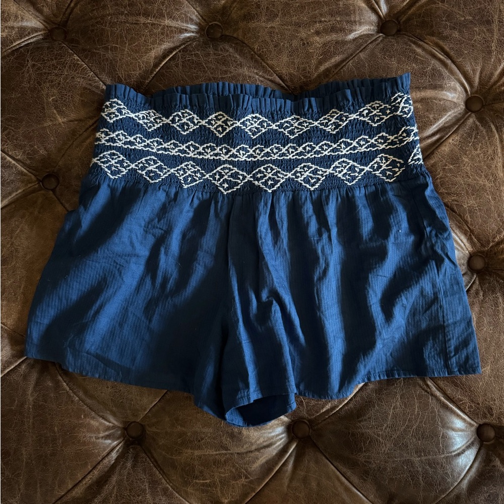 Zara High Waist Blue Shorts with Patterned Waistband
